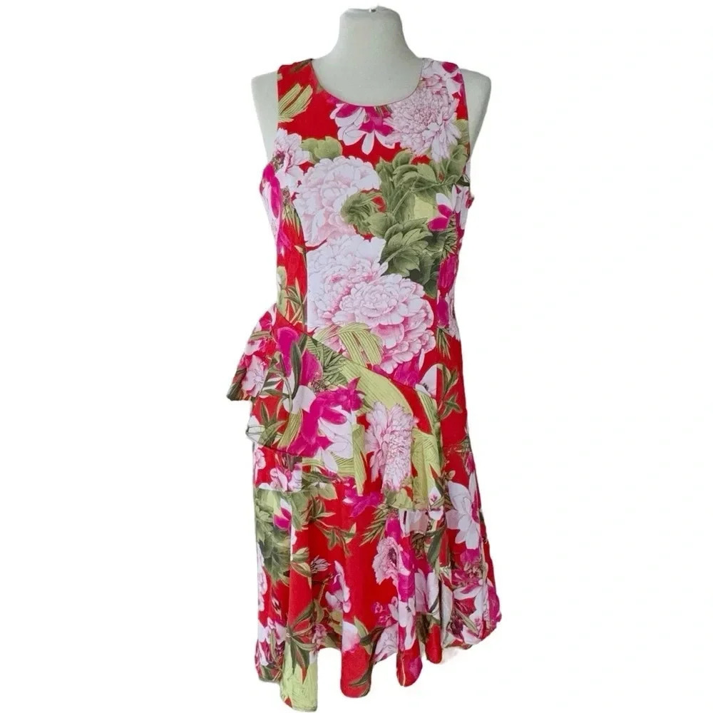 NWT Natori Peony Ruffled Asymmetrical Satin Dress Red Women’s 6 Elegant Lux